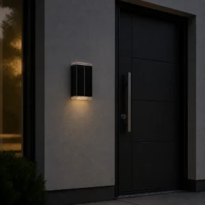 XGYSWL-MYSW-HT02-E0.8 vertical solar wall light installed on an exterior wall