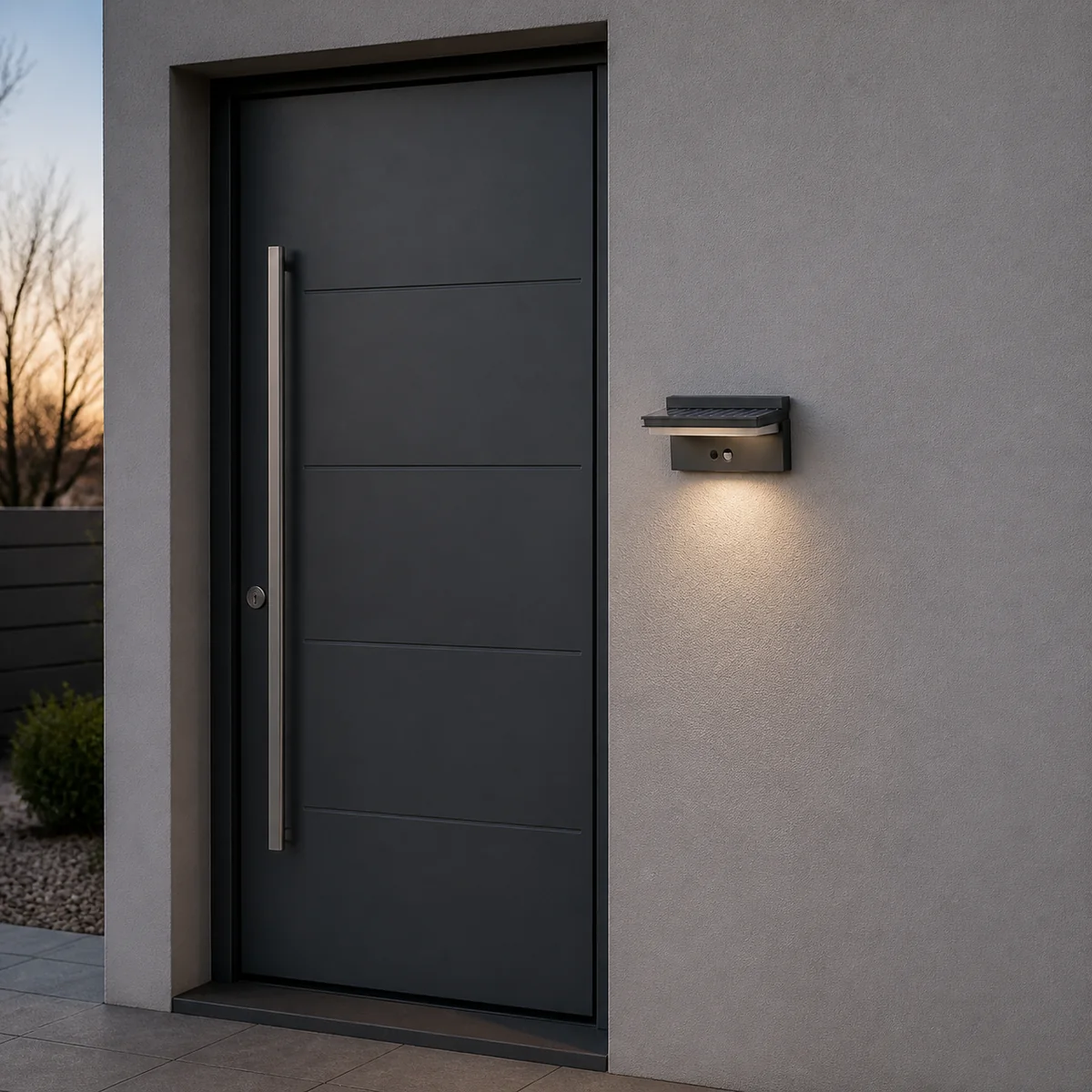 XGYSWL-MYSW-HY03-E6.7 solar wall light installed beside an exterior entrance
