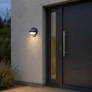 XGYSWL-MYSW-SR02-E2.5 hooded solar wall light installed beside an exterior entrance