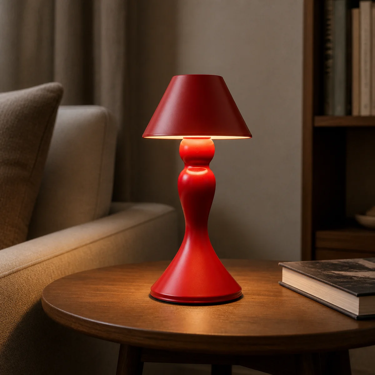 red compact sculpted cordless LED table lamp on a lounge side table