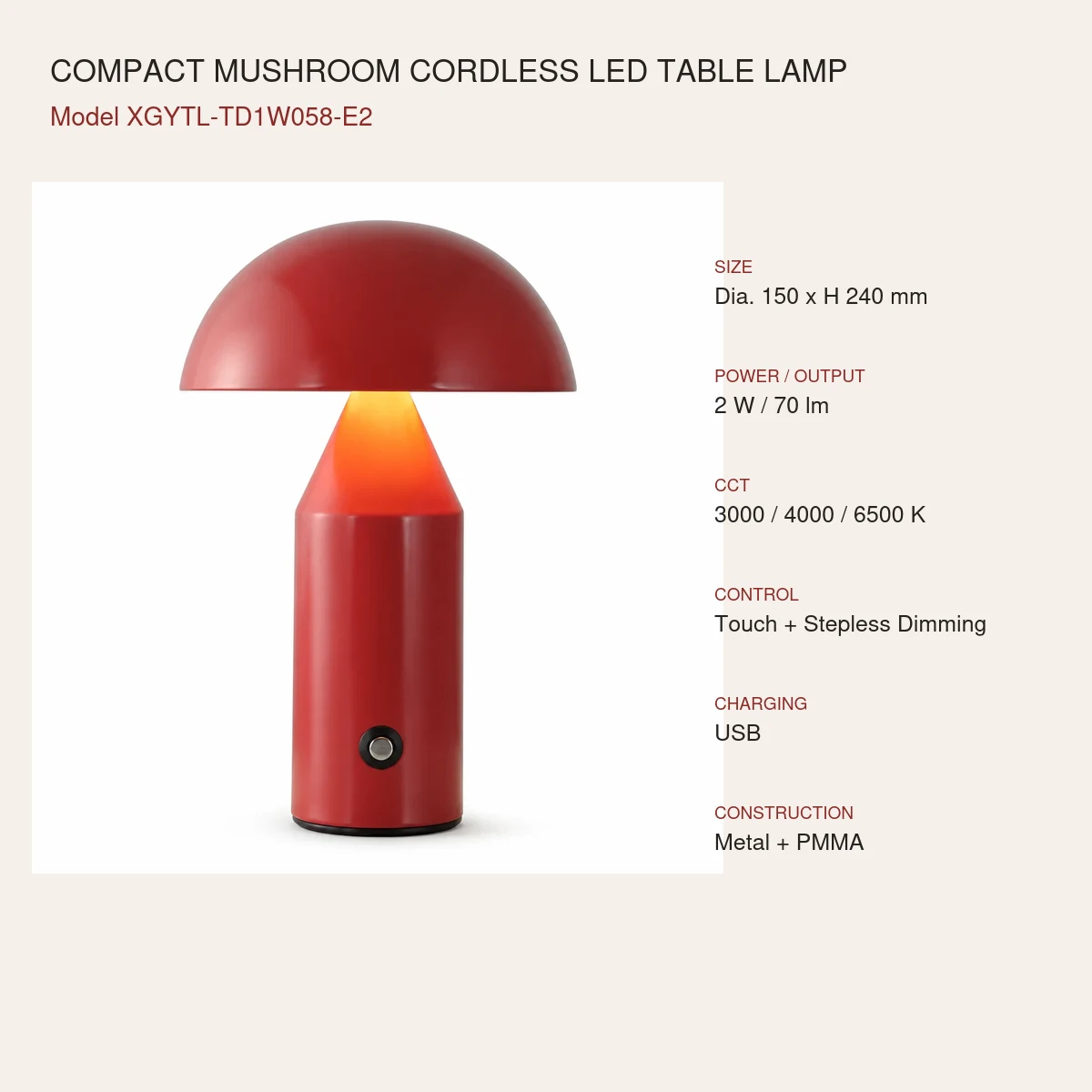 XGYTL-TD1W058-E2 red compact mushroom cordless LED table lamp specification card