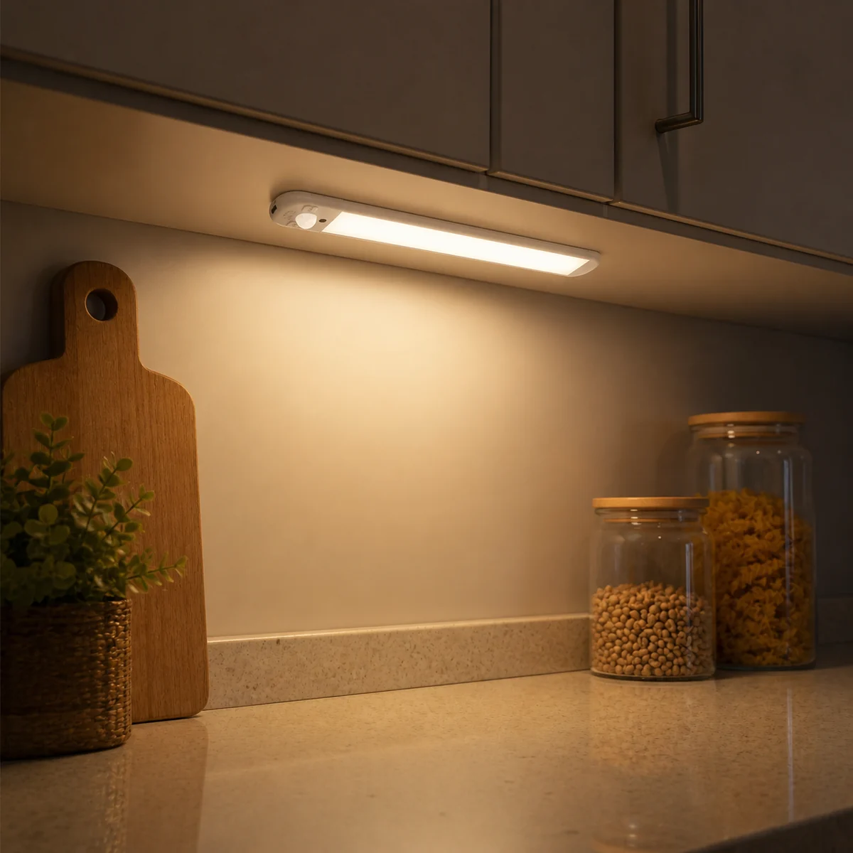 TQT088 rechargeable magnetic sensor light bar installed beneath a kitchen cabinet