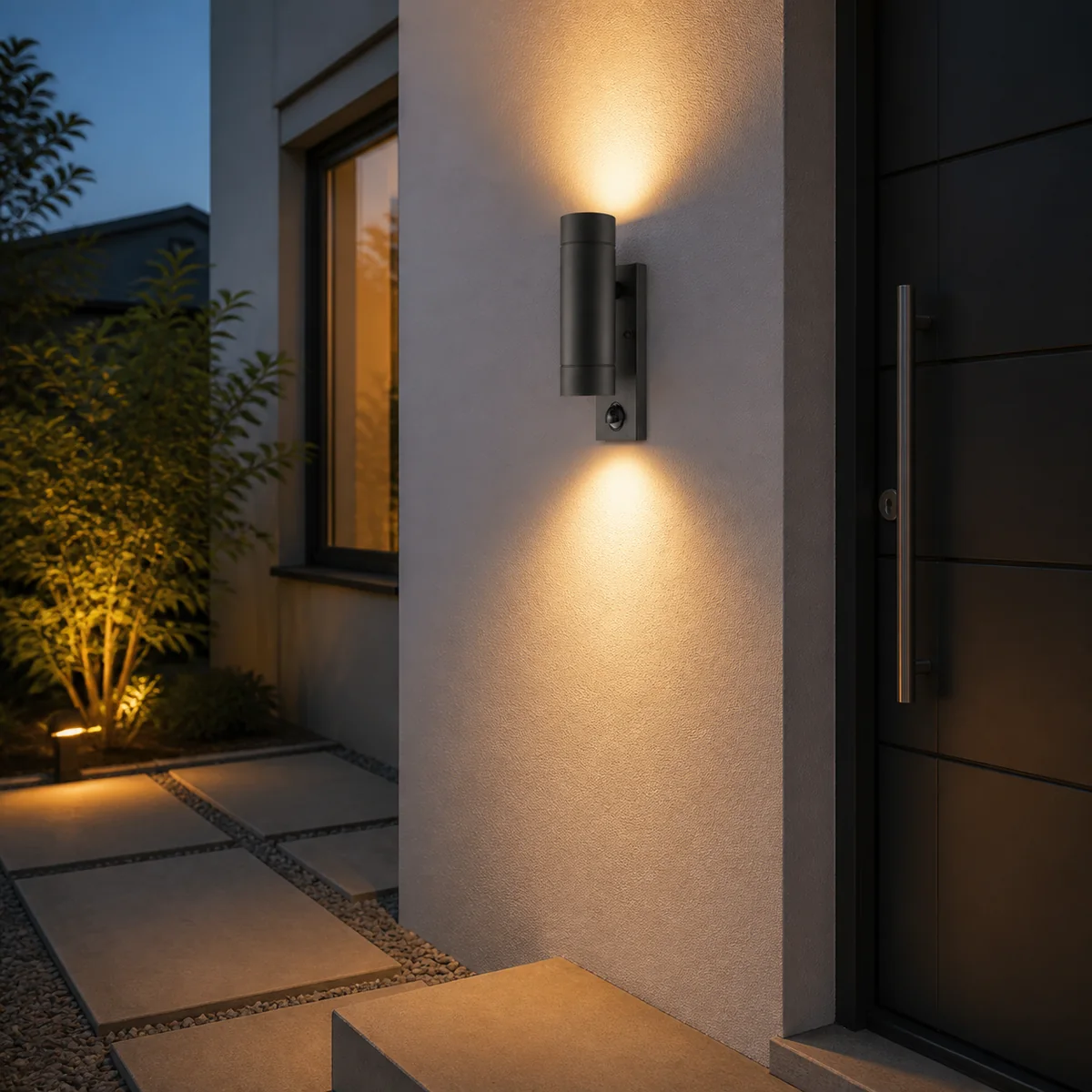 XGYWL-1411-PIR PIR GU10 wall light installed beside an exterior entrance