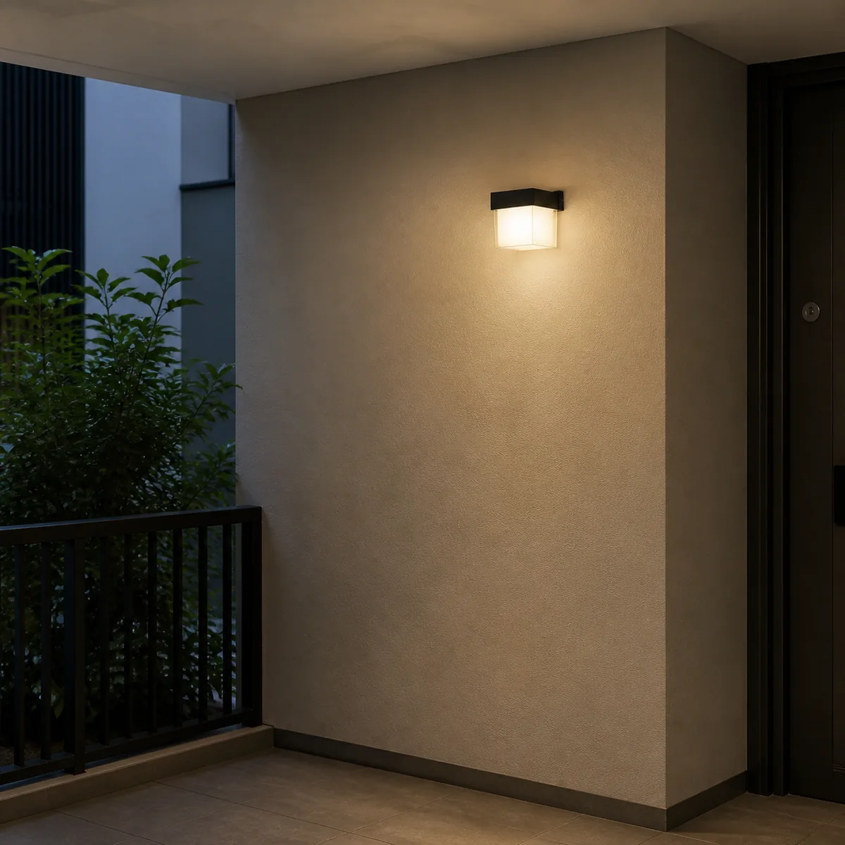 XGYWL-NZ18-E6 geometric diffuser LED wall light installed beside a sheltered entrance