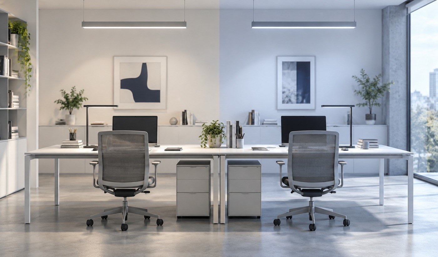Workspace illustrating a less cool 5000K zone and a cooler 6500K zone