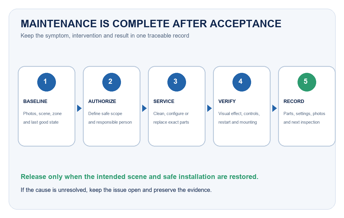 Artificial skylight maintenance workflow from baseline record through qualified service to release