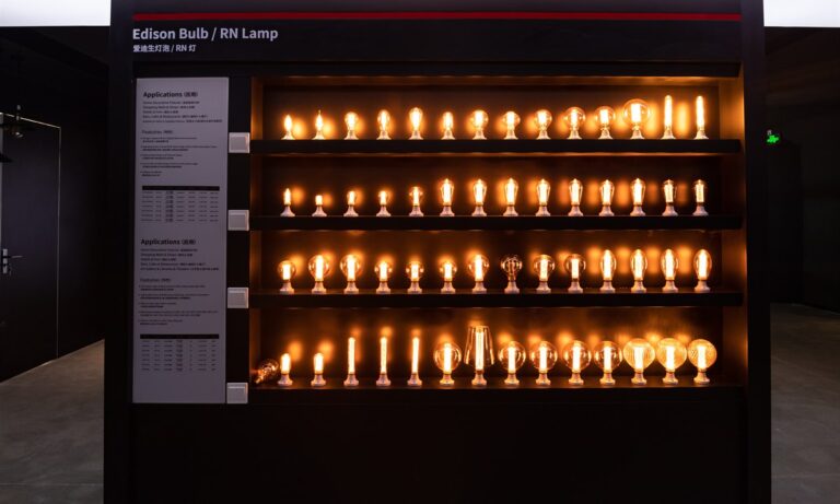 Edison and LED filament bulbs illuminated in the New Lights showroom