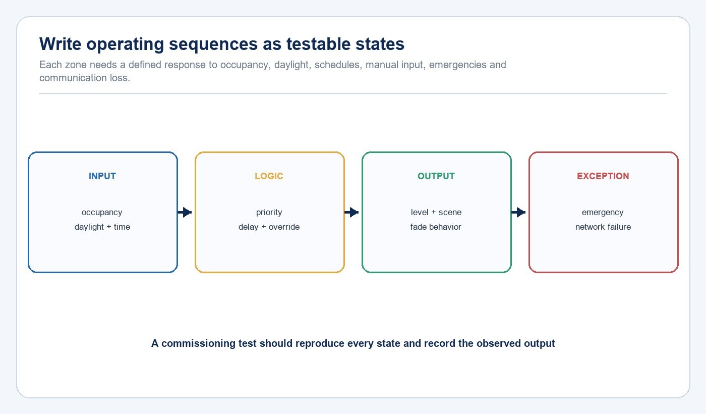 State sequence connecting connected lighting inputs logic outputs and exceptions
