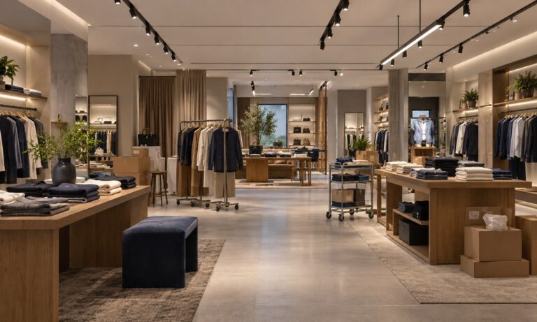 Retail store with adaptable track lighting above movable displays