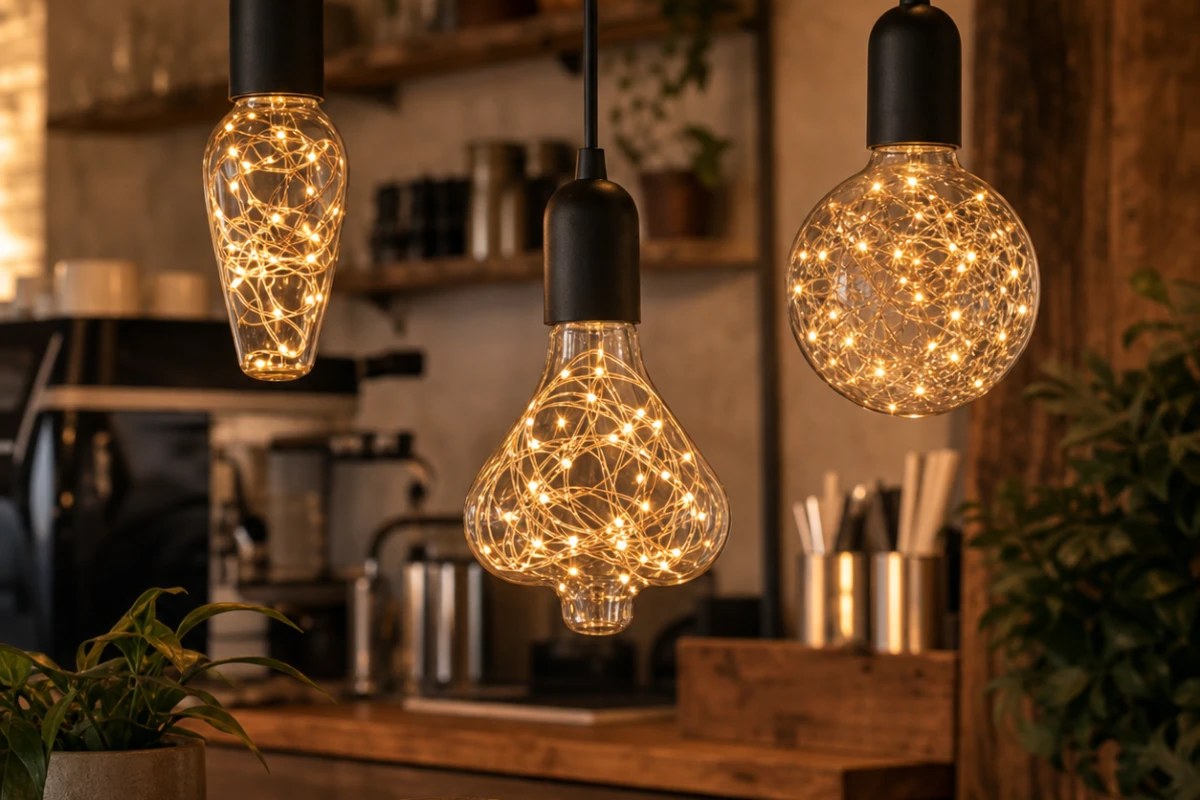 Copper-wire decorative LED bulbs hanging in a warm cafe interior