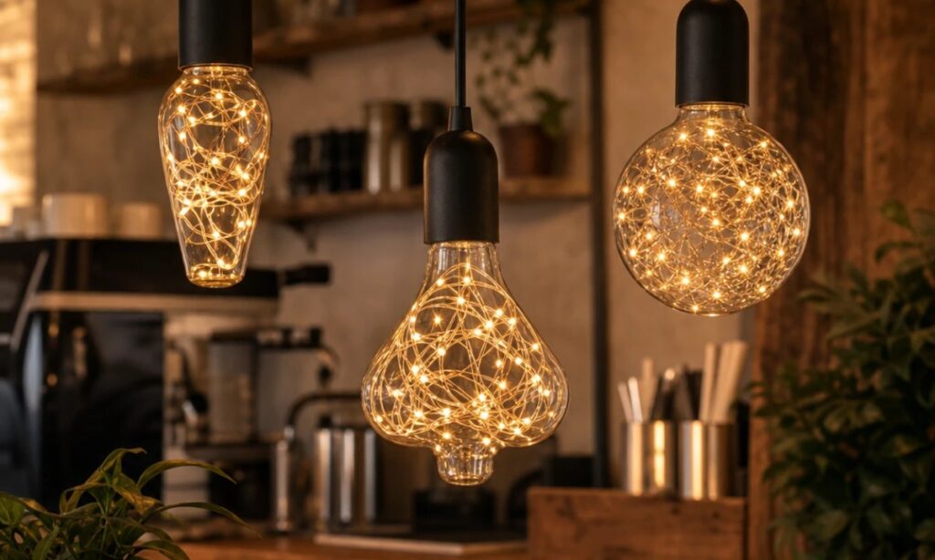 Copper-wire decorative LED bulbs hanging in a warm cafe interior