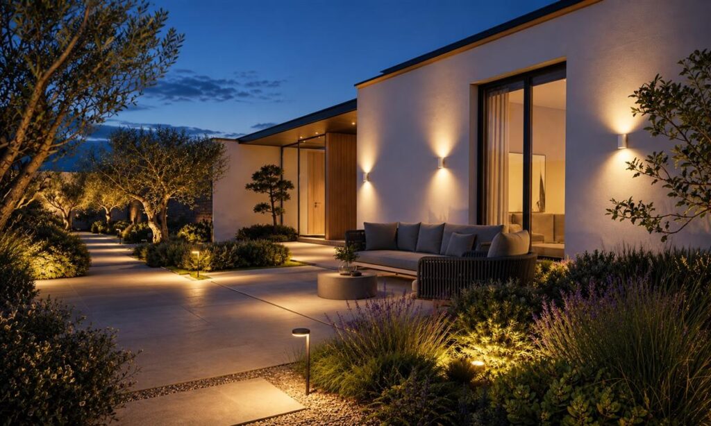 Courtyard and villa outdoor lighting at night