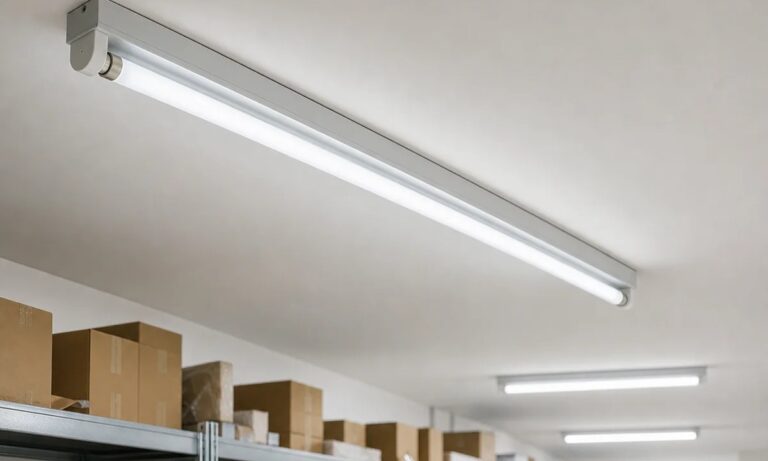 T8 fluorescent tube fixtures illuminating a commercial stockroom