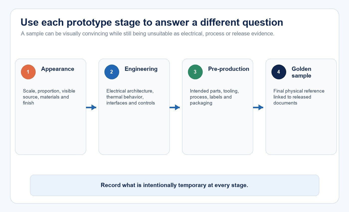 Four-stage decorative lighting prototype workflow from appearance sample to controlled golden sample