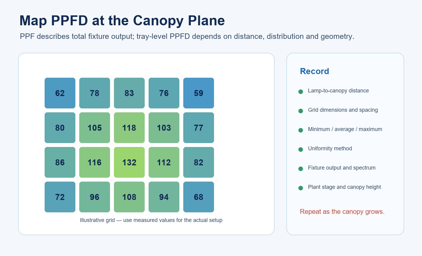 Illustrative PPFD grid showing canopy measurement points and setup records