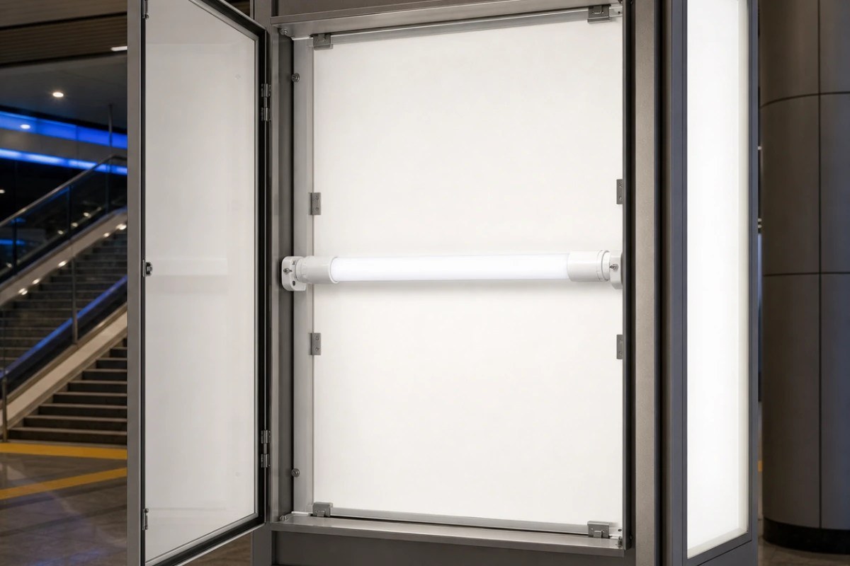 Double-sided lightbox showing a T8 tube positioned inside the illuminated cabinet
