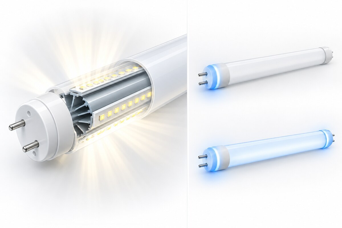 Conceptual comparison of a broad-emission T8 tube and single-ended versus double-ended power arrangements