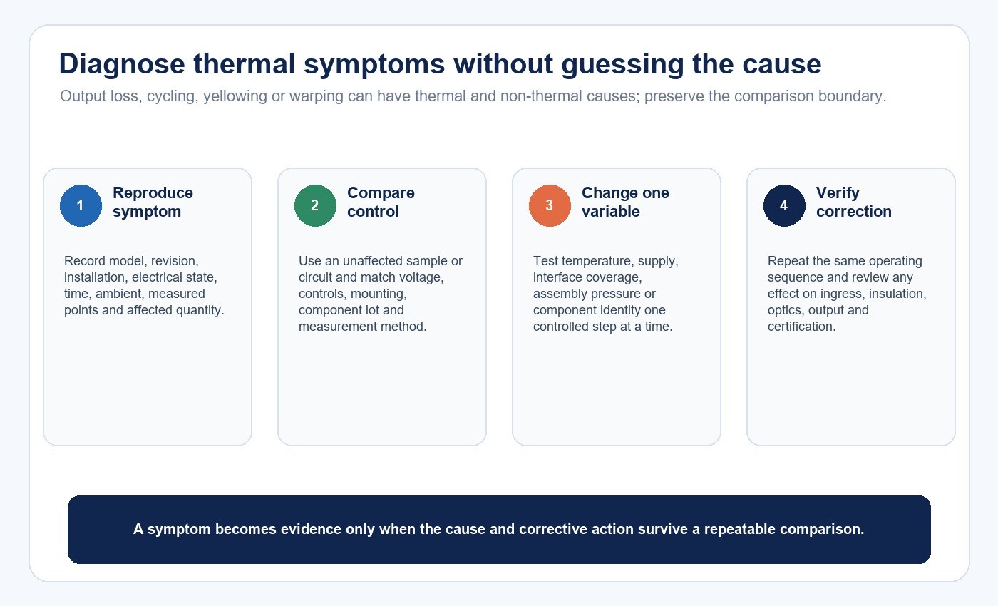 Controlled diagnostic workflow for LED downlight thermal symptoms
