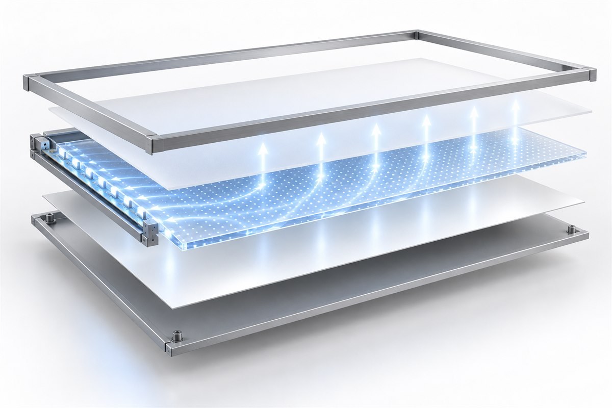 Exploded edge-lit LED panel showing frame, diffuser, light-guide plate, edge LEDs, reflector and rear cover