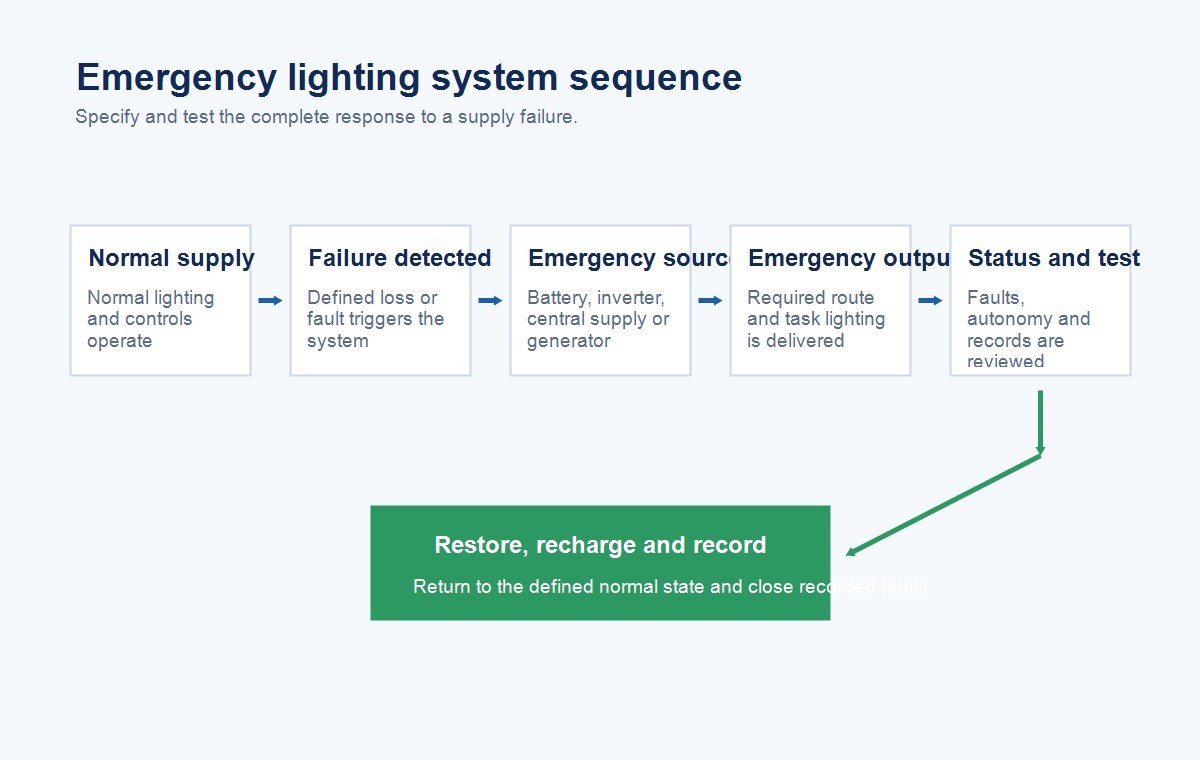 Emergency lighting system sequence from normal supply through failure detection, emergency output, monitoring, testing and recovery