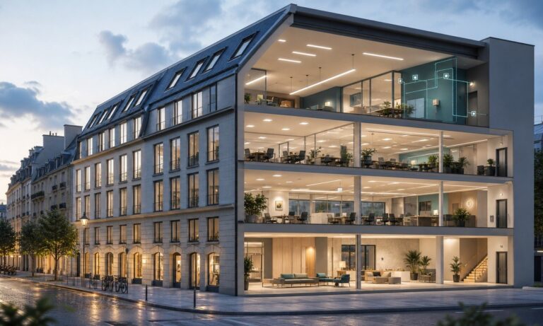 Renovated European commercial building with modern interior lighting