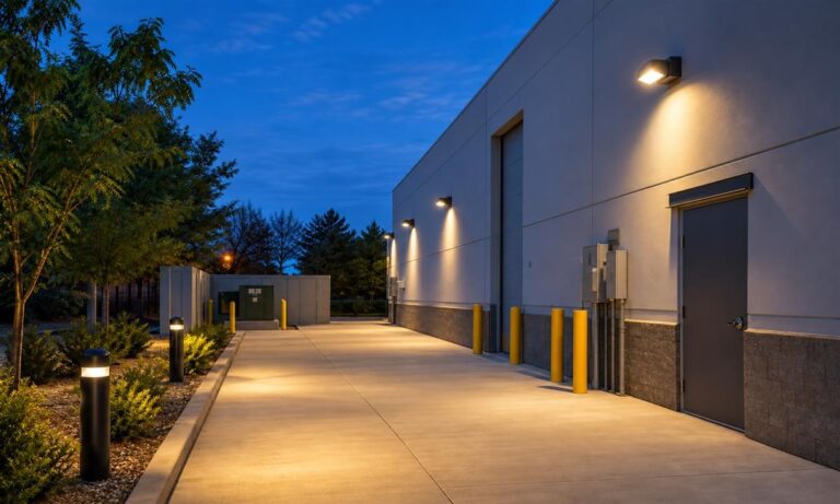 Exterior service route and utility-area lighting at night