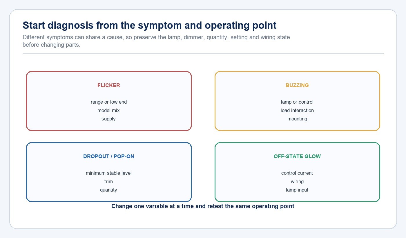 Symptom map for LED filament bulb flicker buzzing dropout and off-state glow