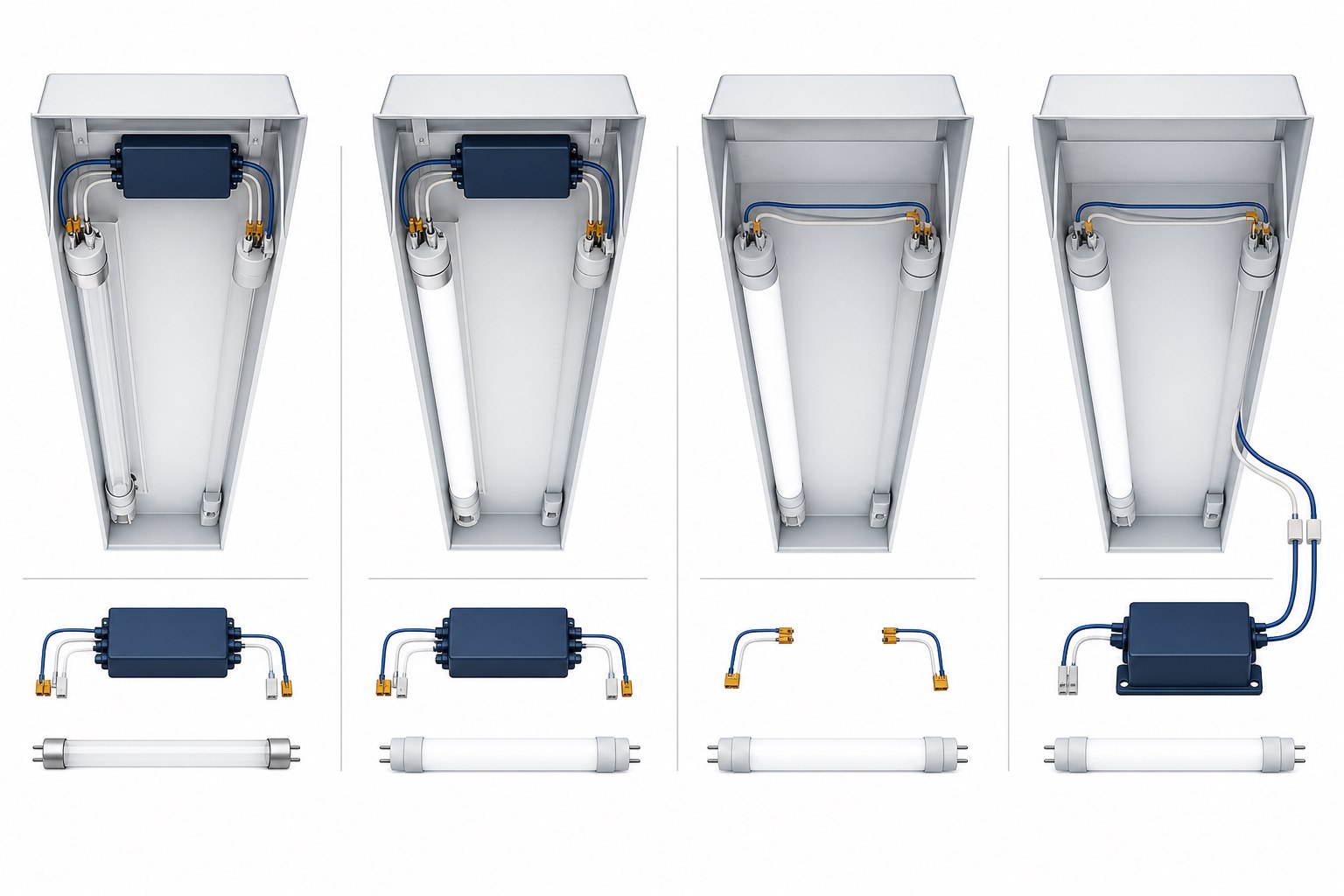 Fluorescent and LED tube retrofit system architectures
