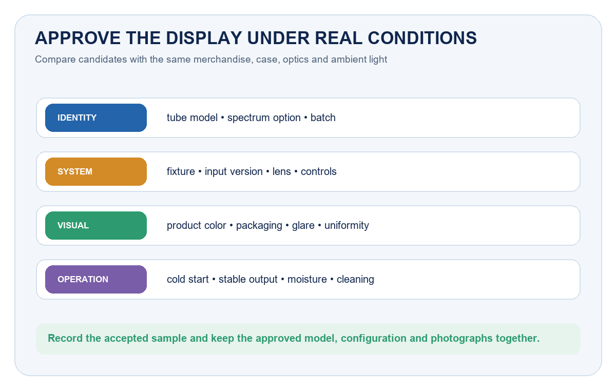 Fresh-food display sample approval record covering product identity, fixture system, visual review and operation