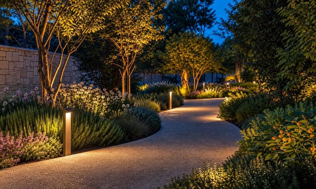Garden pathway lighting at night