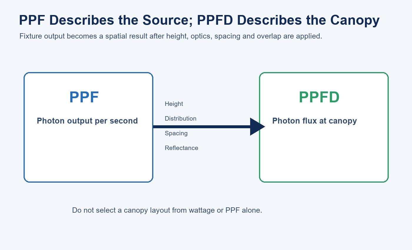 Diagram explaining that PPF becomes canopy PPFD through height, distribution, spacing and reflectance