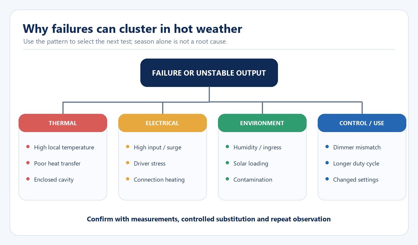 Fault tree showing thermal electrical environmental and control causes of hot-weather LED failures