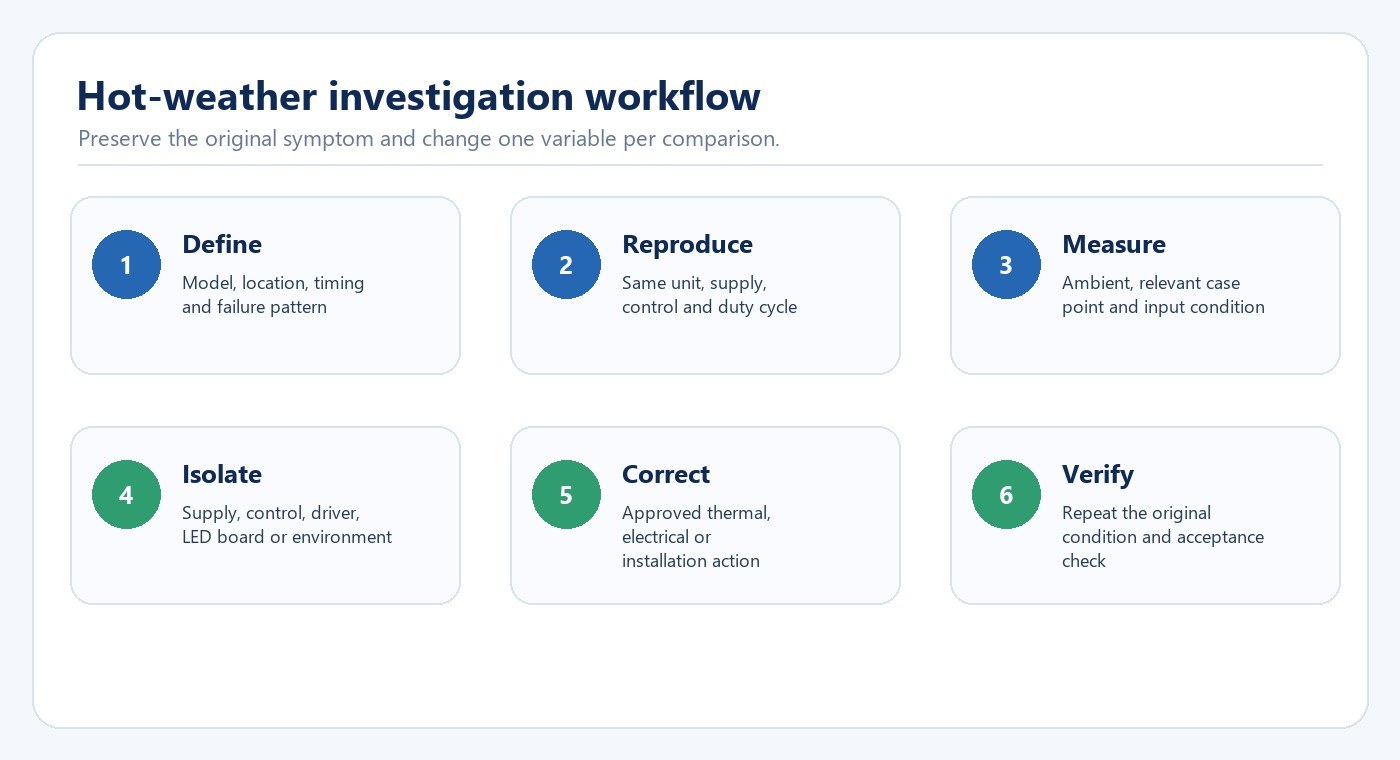 Six-step workflow for investigating LED failures during hot weather