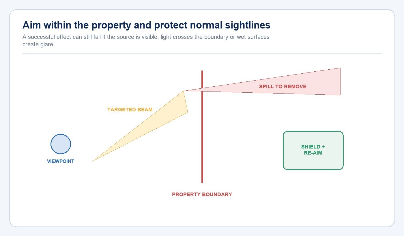Diagram showing a targeted landscape beam, property boundary and spill correction