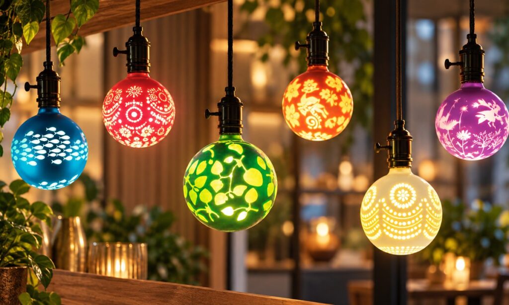 Colorful patterned globe bulbs in a warm hospitality display