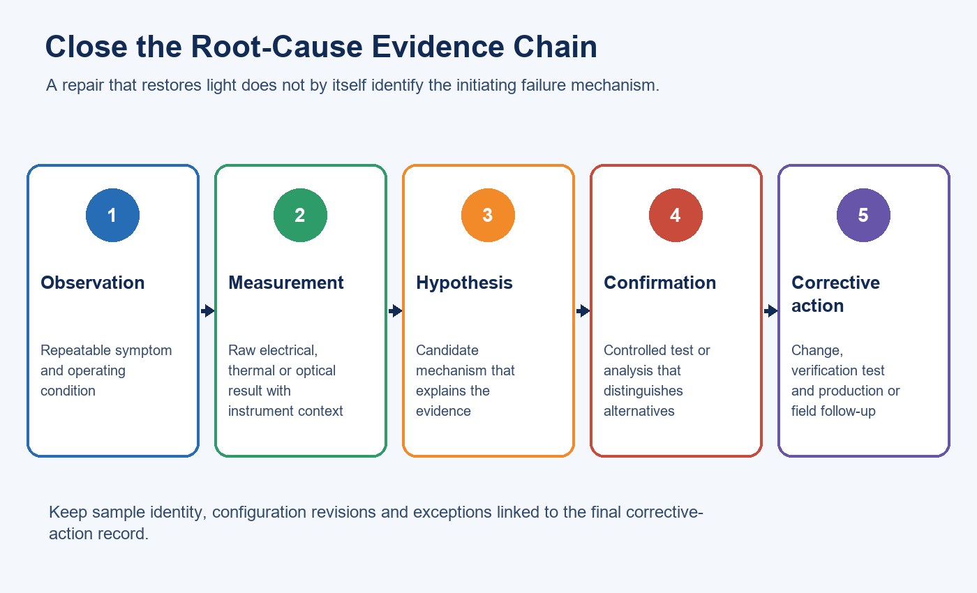Evidence chain from LED failure observation and measurement to confirmed root cause and corrective action