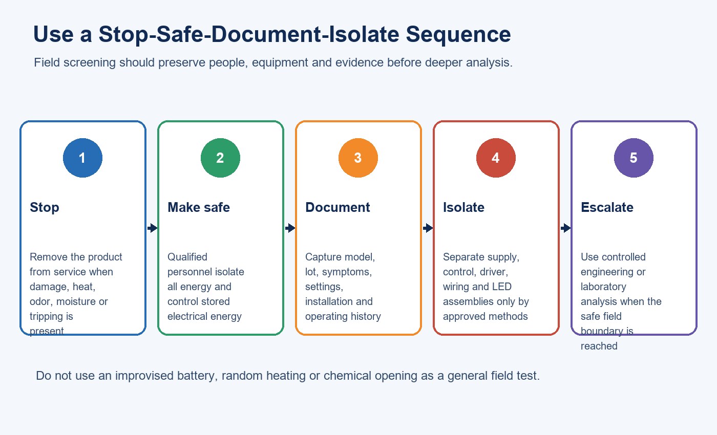 Stop, make safe, document, isolate and escalate workflow for LED light failure diagnosis