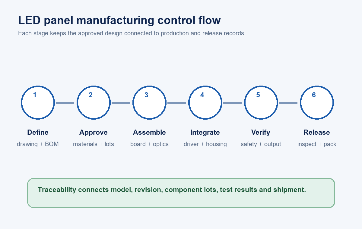 LED panel light manufacturing control flow from product definition to batch release