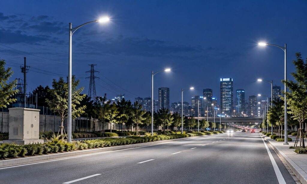 Modern LED streetlights illuminating an urban roadway at night