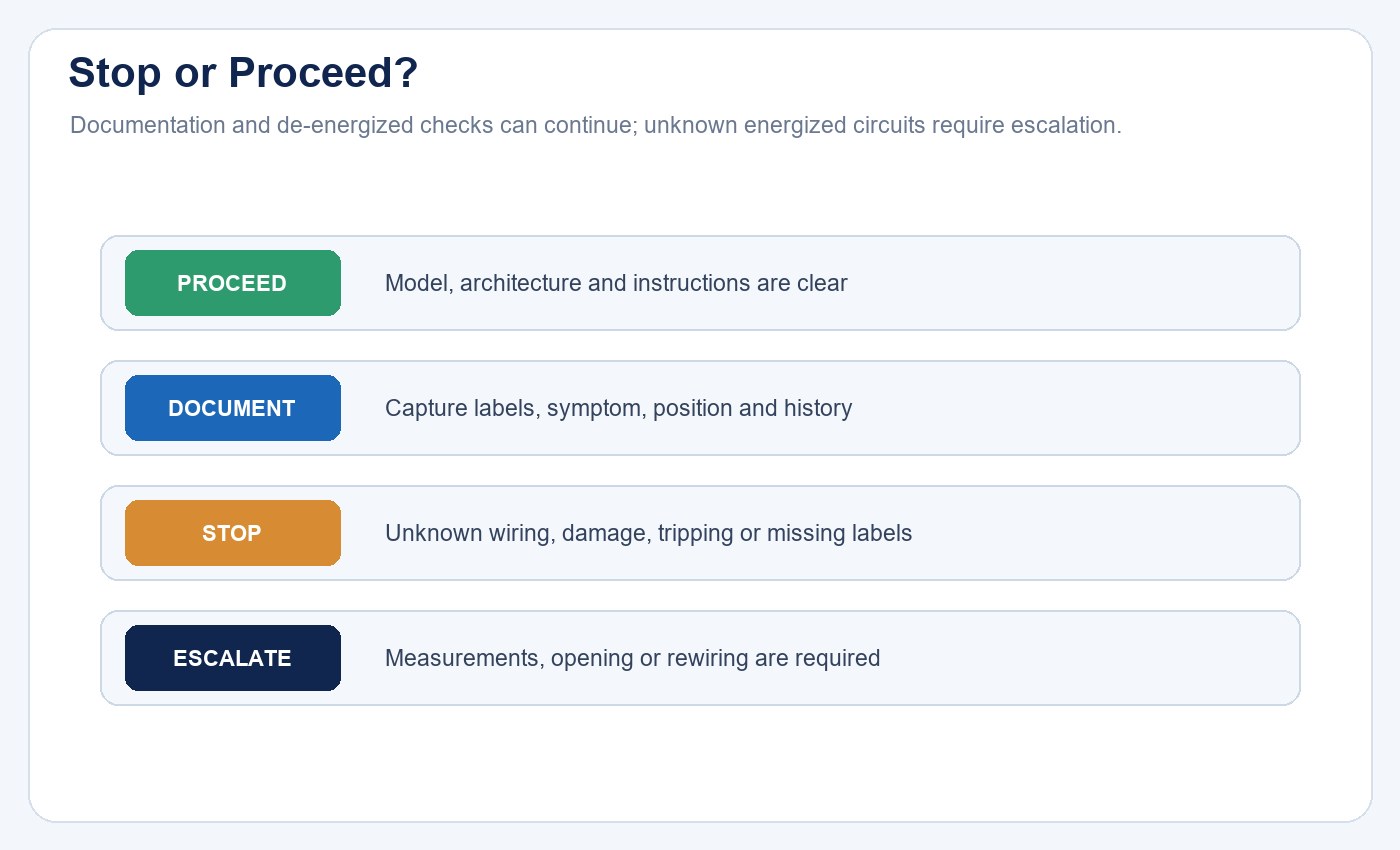 Stop-or-proceed map for LED tube troubleshooting showing documentation checks, de-energized comparison and qualified electrical escalation