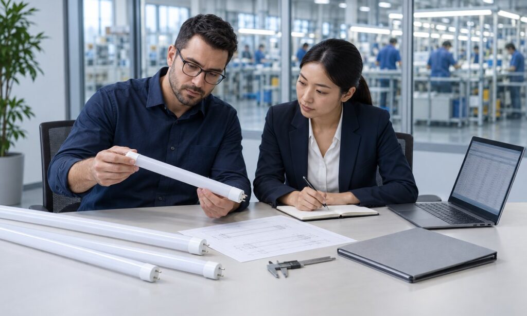 Lighting buyers reviewing LED tube samples and technical documents
