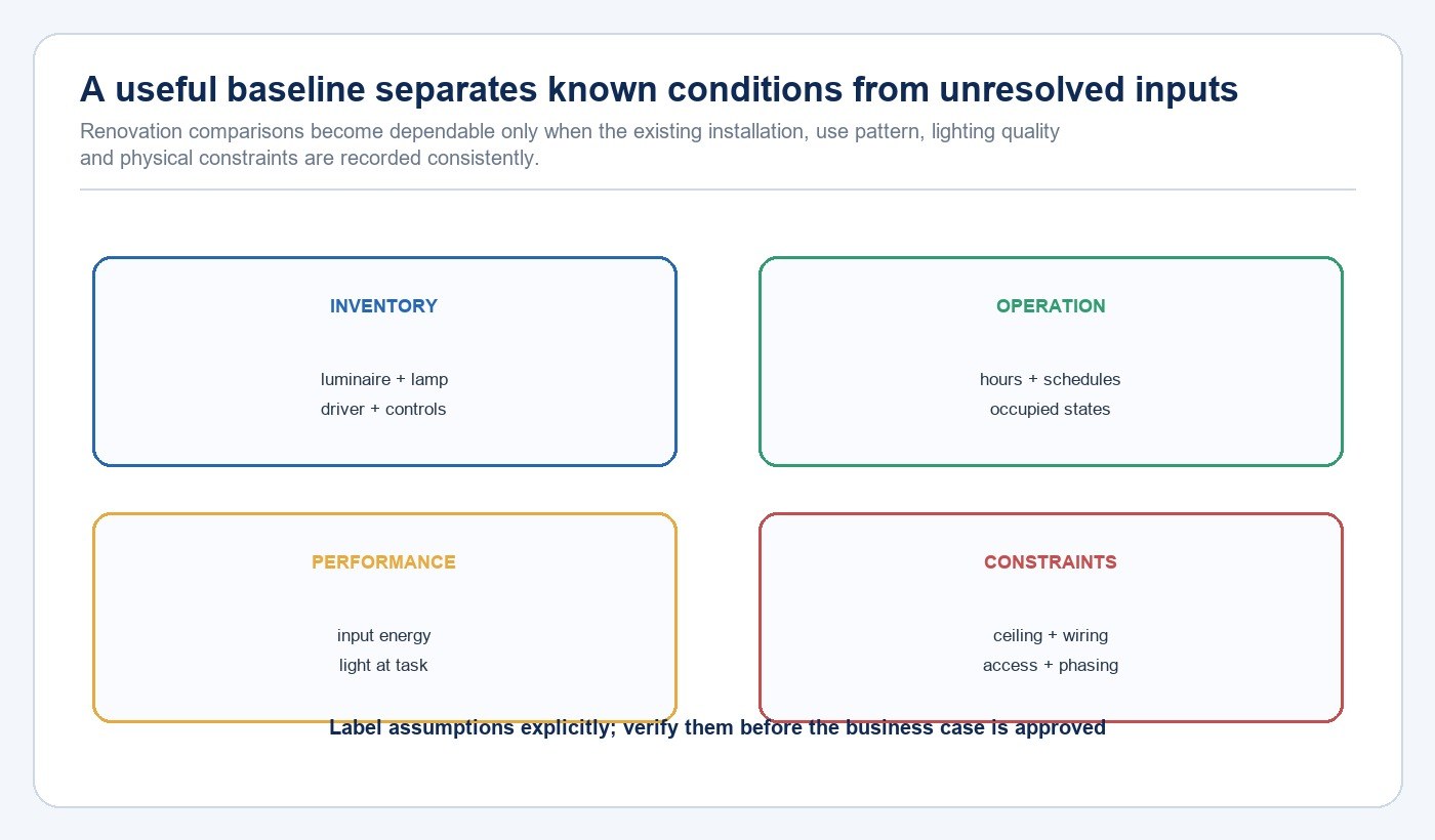 Lighting renovation baseline map covering inventory operation performance and constraints