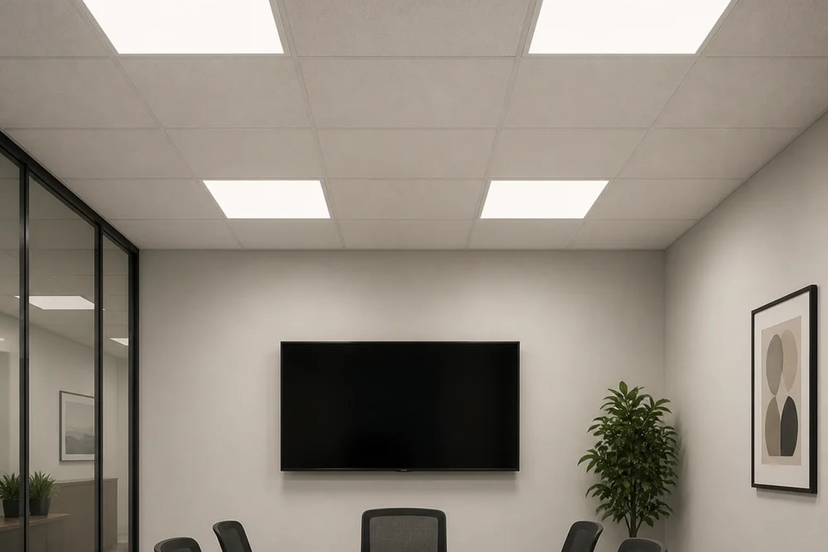 Backlit LED panels installed in a meeting room ceiling grid
