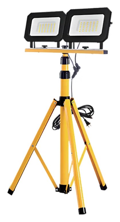 New Lights dual-head LED flood light on a folding yellow tripod