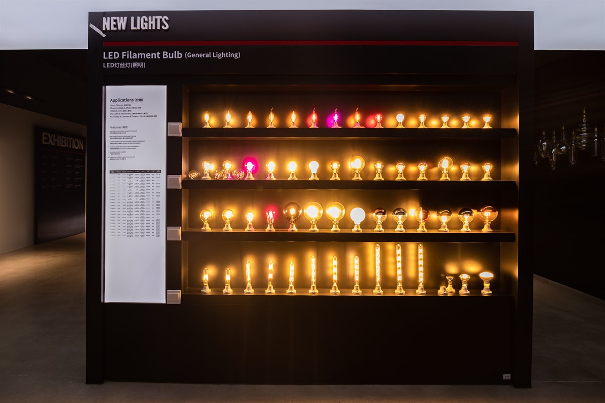 LED filament bulbs in multiple shapes illuminated in the New Lights showroom