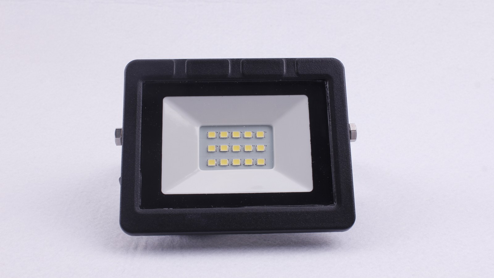 Front view of a compact New Lights LED floodlight with adjustable bracket