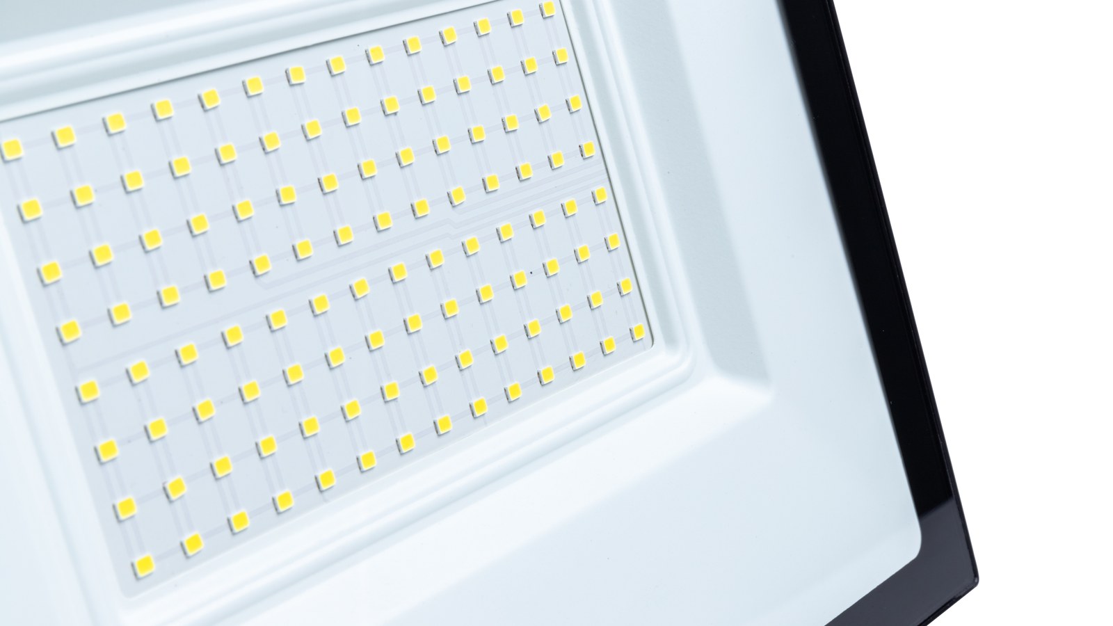 Close view of the LED board and reflector area in a New Lights floodlight