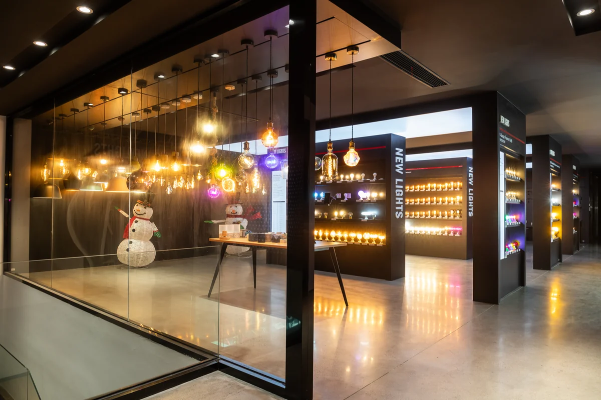New Lights showroom displaying multiple lighting product families used as manufacturing-platform context.