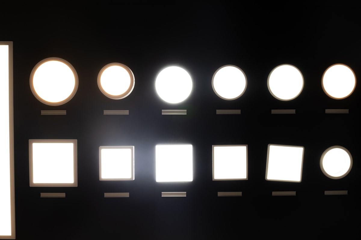 Round and square LED panel lights illuminated in the New Lights showroom