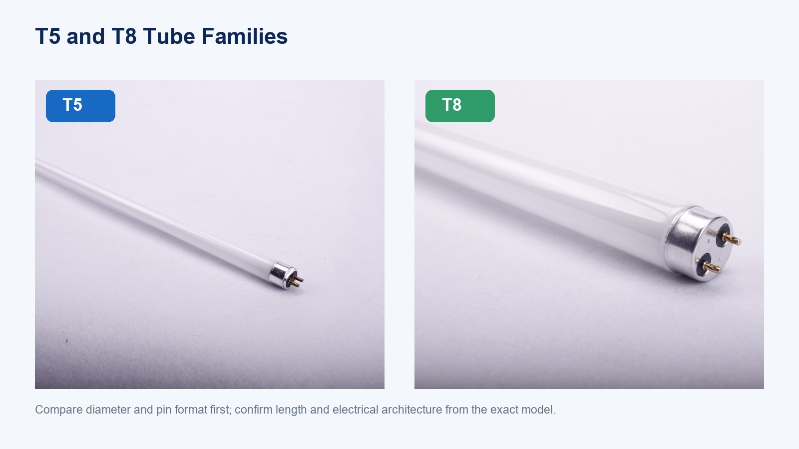 Side-by-side New Lights T5 and T8 tubes showing their different diameters and bi-pin bases